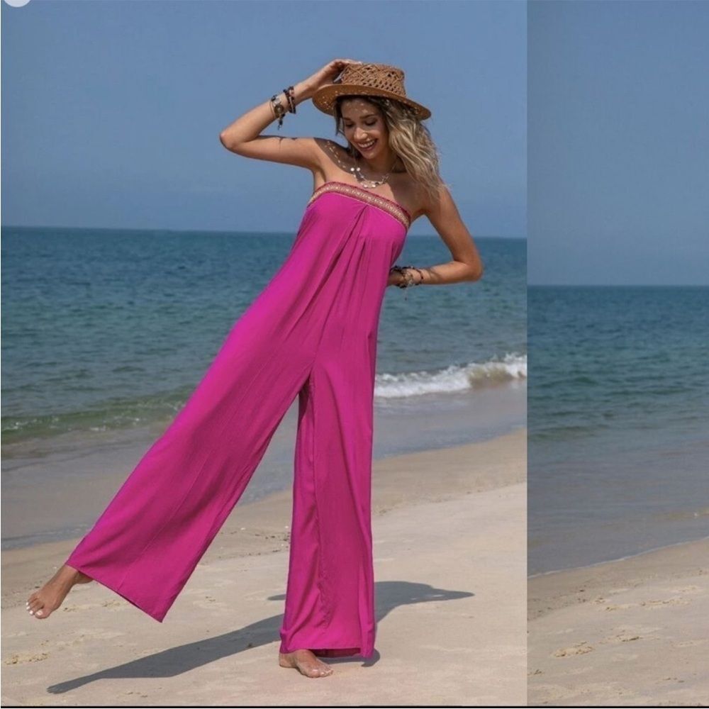 NWT Rusttydustty Hot Pink Geometric Embroidered Tube Top Wide Leg Jumpsuit M